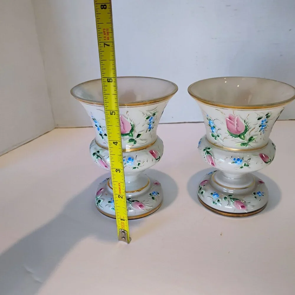 Bohemian Czech Cased Glass Vases Pair White Painted Pink Roses -CHIP READ